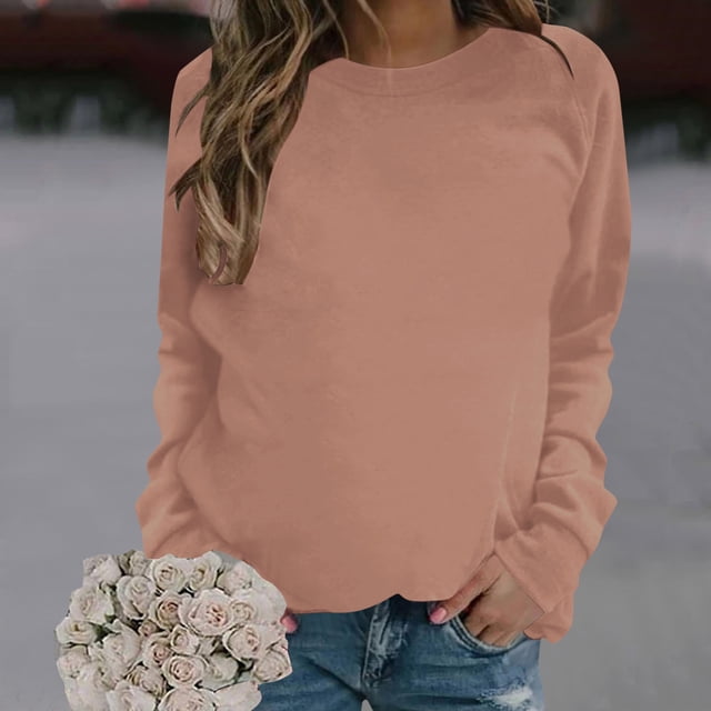 Meichang Sweatshirt for Women Long Sleeve Round Neck Lounge Pullover Basic Solid Color Sweat Shirts Lightweight Fall Pullover