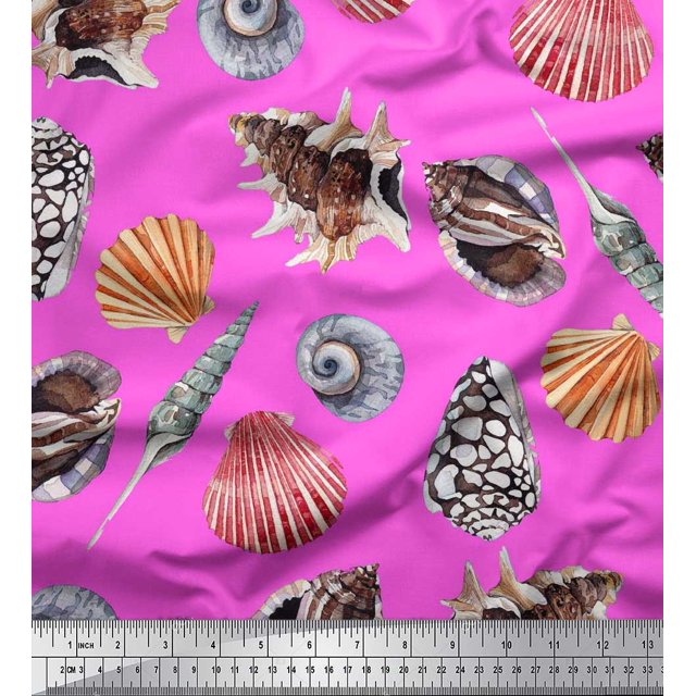 Soimoi Satin Silk Fabric Colorful Shells Ocean Print Fabric by the Yard 42 Inch Wide