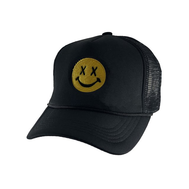 Gravity Threads Smile Face Embroidery Adjustable Trucker Hat - Cross Eye - Black