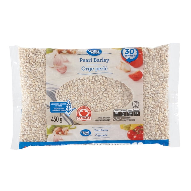 Great Value Pearl Barley 450 g package showing light beige pearl barley grains through a clear window, labeled as a very high source of fibre, good source of iron and magnesium, with a 30-minute cooking time and Canadian product certification, often used in soups and salads.