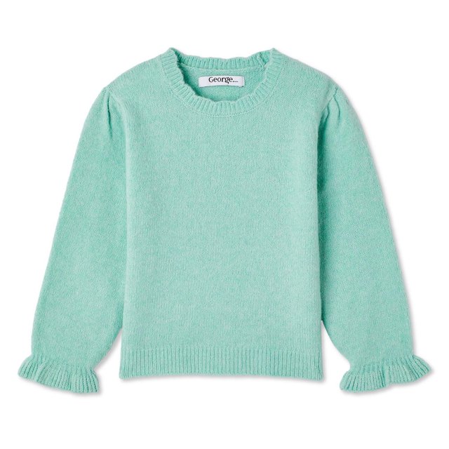 Light teal toddler girls' sweater by George featuring ruffle cuffs and a crew neck.
