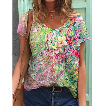 RXIRUCGD T-Shirts Col en V pour Femmes Mode Décontractée Manches Courtes Blouse Imprimée Grande Taille T-Shirt Hauts d'Été pour Femmes