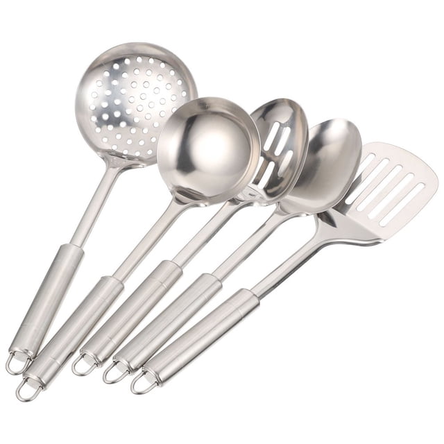 Bamboohart 1 Set Kitchen Utensils Stainless Steel Kitchen Utensils Metal Cooking Utensils Small Cooking Utensils. A set of five stainless steel cooking utensils including a soup spoon, slotted shovel, slotted spoon, tongue spoon, and slotted tongue spoon. Each utensil features a polished silver finish, ergonomic heat-insulated handles, and hanging holes for easy storage. Designed for durability and high heat resistance, these utensils are dishwasher safe and suitable for daily cooking needs.