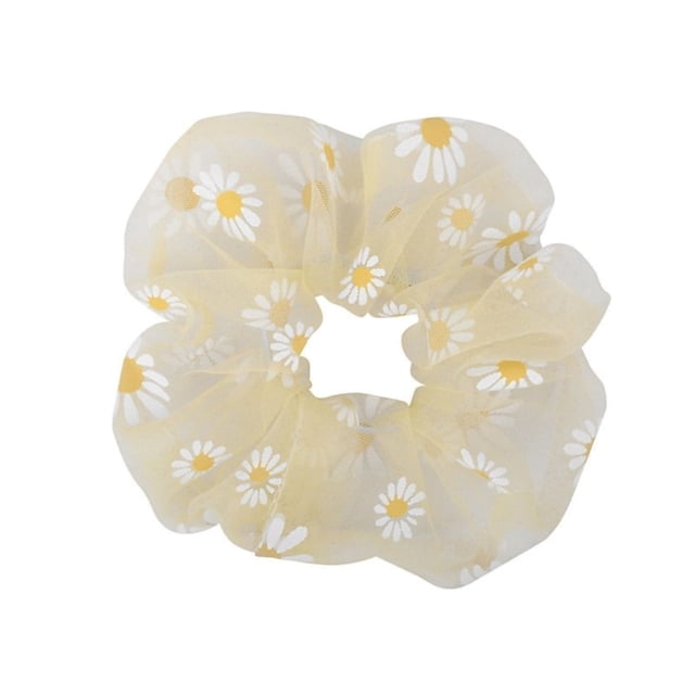 Elastic Hair Scrunchies Hair Elastic Scrunchy Elastic Hair Bands Scrunchy Hair Scrunchies Hair Scrunchies Elastic Soft Gauze Daisy Pattern Large Intestine Hair Bands Hair. A soft lint material scrunchy with a yellow gauze overlay featuring a white and yellow daisy pattern. Designed for daily use, parties, or as a wrist accessory, it is lightweight, elastic, and suitable for most hair types.