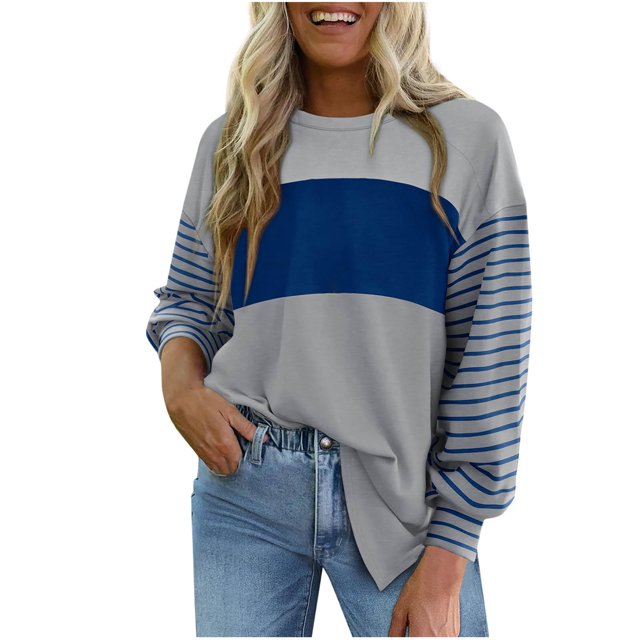 Amzcrzy Chandail en Molleton Femme Col Rond Manches Longues T-Shirts Décontractés Tunique à Rayures Blocs de Couleur Basiques