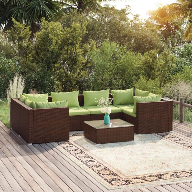 vidaXL 7 Piece Garden Lounge Set with Cushions Poly Rattan Brown