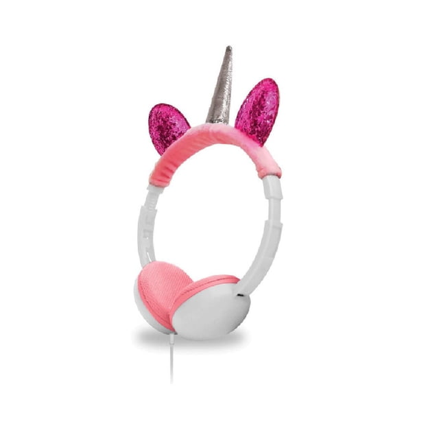 Art+Sound Plush Unicorn Wired Headphone with white adjustable headband covered in pink plush fabric, silver unicorn horn, pink sequin ears, pink foam earpads, 40mm drivers, 32 ohm impedance, and 3.5mm wired connection, suitable for kids' audio devices and comfortable extended wear.