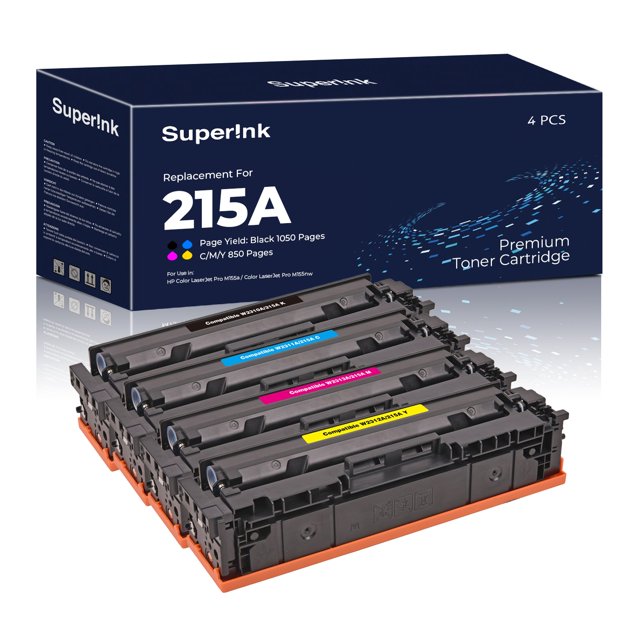 Ensemble de Cartouches de Toner HP 215A Compatible (avec Puce) par Superink, Comprenant Quatre Cartouches en Noir, cyan, Jaune et magenta. Conçu pour les Imprimantes HP Color LaserJet Pro M155a, M155nw, MFP M182nw et MFP M183fw. Chaque Cartouche Offre un Rendement de 1050 pages pour le Noir et 850 pages pour la Couleur. l'Ensemble Est Certifié ISO 9001/14001 et Est Offert avec une Garantie de 24 Mois. Aff