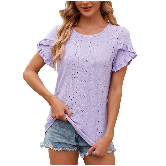 AherBiu Womens Tops Eyelet Embroidery Loose Casual Crewneck Ruffle Sleeve Summer Boho Shirts Tunics