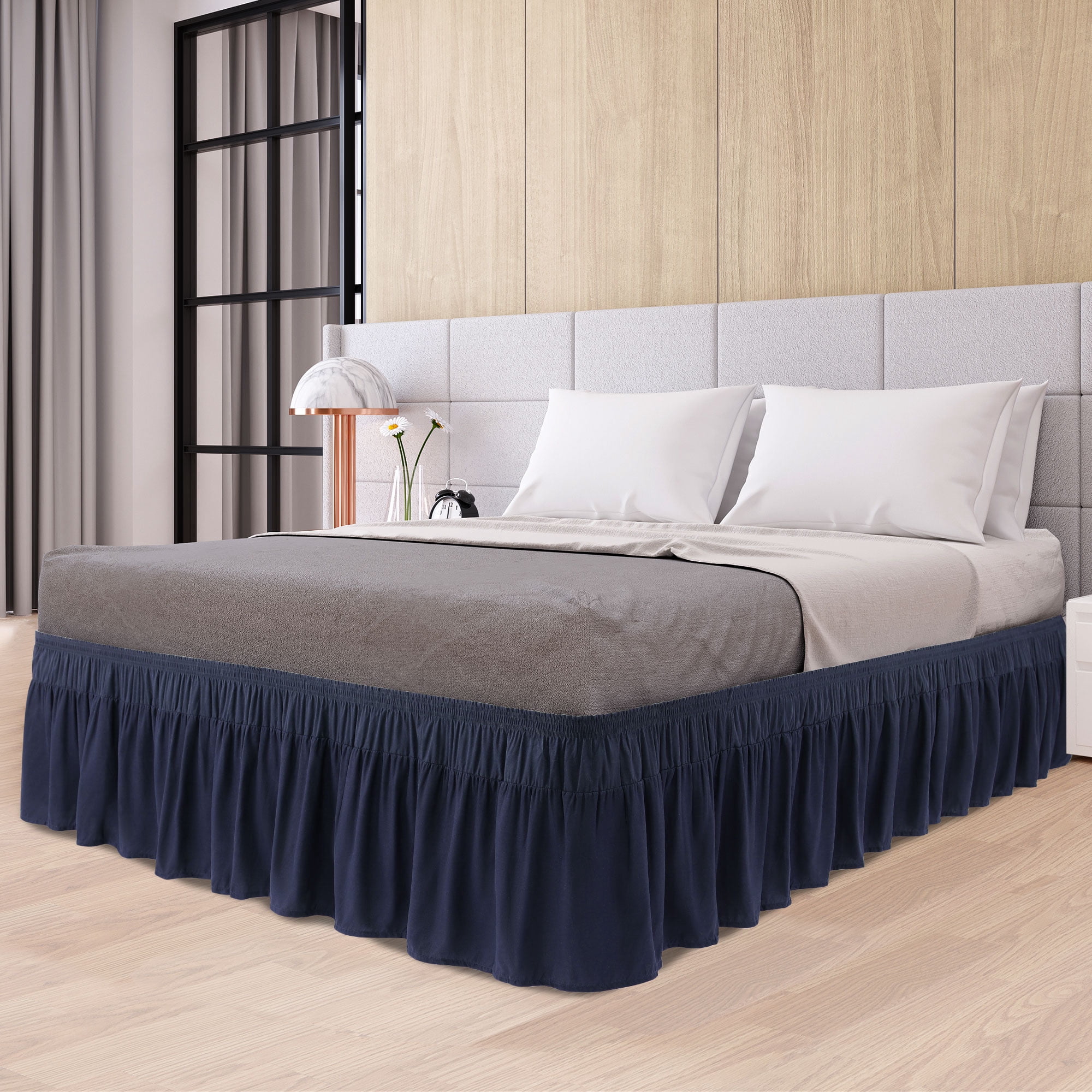 PiccoCasa Polyester Brushed Bed Skirt with Elastic Dust Ruffles 16" Drop, Full Navy Blue
