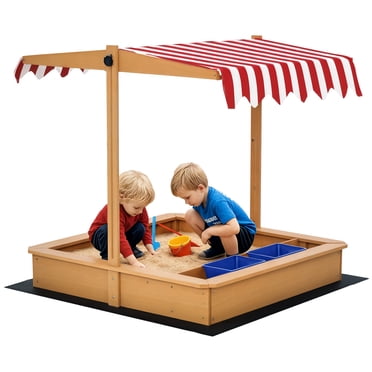 Outsunny Bac à Sable en Bois pour Enfants, Station de Jeu pour Enfants Extérieure avec Couvercle à Hauteur Réglable, Doublure Inférieure, Siège, Bassins en Plastique, pour Garçons et Filles de 3 à 7 Ans