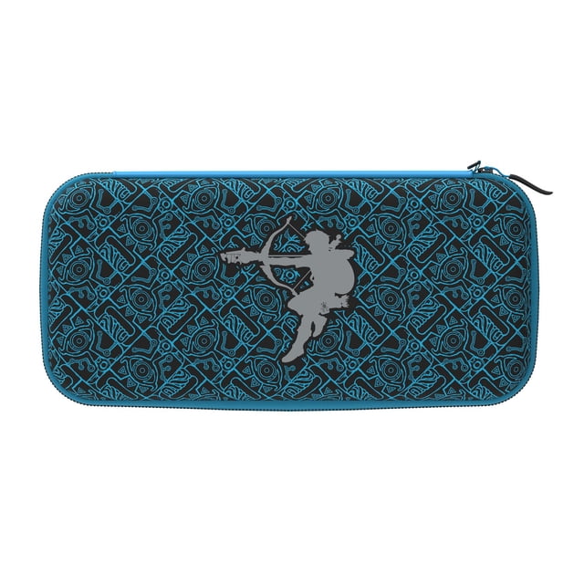 PDP Travel Case GLOW: Sheikah Shoot for Nintendo Switch, Switch Lite, and OLED Model, a slim black case with blue Sheikah pattern and gray archer silhouette that glows in the dark, featuring a removable tray and integrated stand for secure, comfortable gaming on the go.