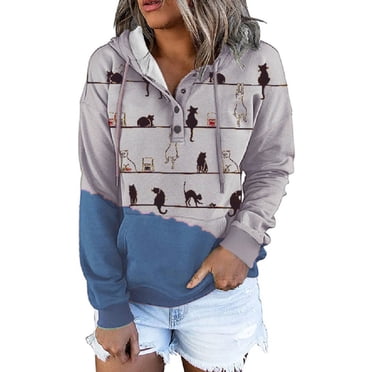 XZNGL Ladies Casual Fashion Autumn and Winter Wide Cat Print Long Sleeve Hooded Door Casual Sweater