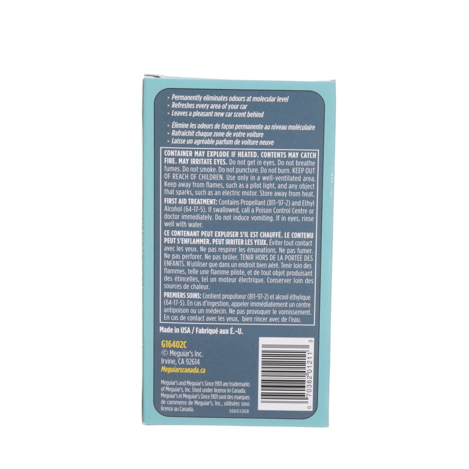 Assainisseur d’air en aérosol pour toute la voiture Meguiar’s®, G16402C, parfum de voiture neuve, 71 g (2,5 oz)