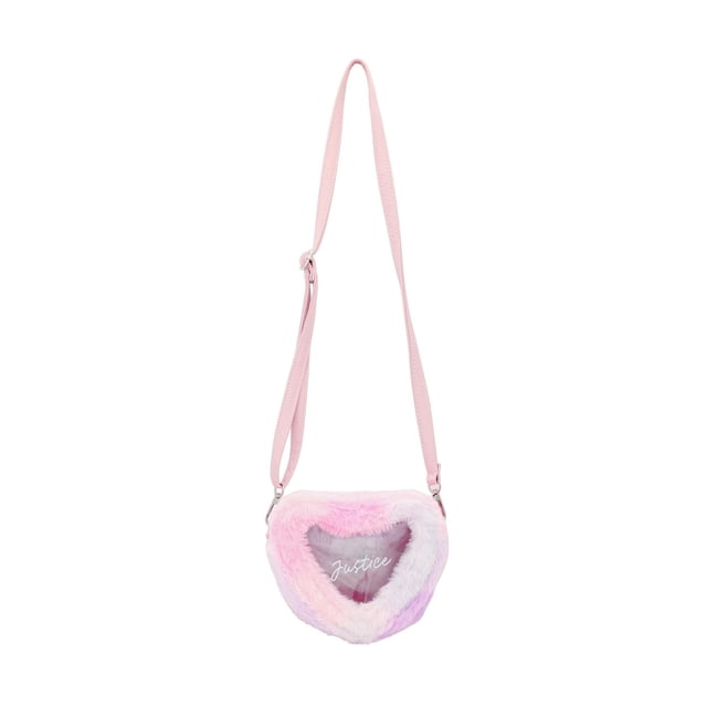 Justice Petit Sac à Cœur Petit Sac à Bandoulière Mode mini en Forme de Cœur pour Ados, Extérieur Imprimé Multicolore avec Fermeture Éclair Supérieure, Fine Sangle Ajustable et silhouette Arrondie Compacte Montrée Orientée vers l'Avant sur Fond Blanc; Utilisé Souvent pour Tenir un Téléphone, un Brillant à Lèvres et des Cartes.