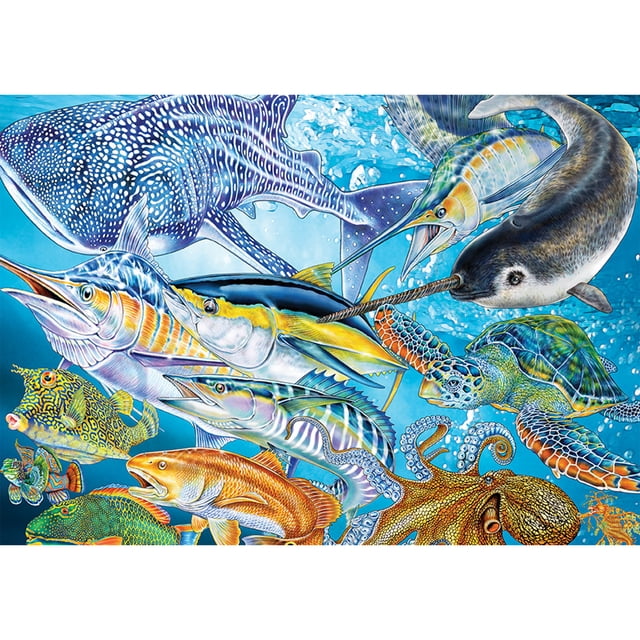 SURE-LOX 1000PC SEALIFE OF THE WORLD jigsaw puzzle depicting a detailed underwater scene with a whale shark, narwhal, sea turtle, octopus, marlin, and colorful fish, made of 1000 precision-cut pieces for ages 14+, suitable for marine life and puzzle enthusiasts.