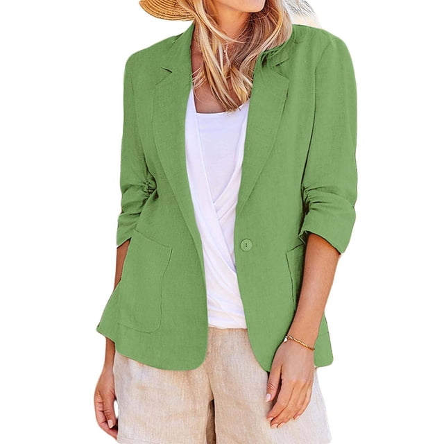 IMENGL Linen Casual 3/4 Stretchy Ruched Sleeve Lightweight Work Office Jacket, Green 5XL, Size M-5XL