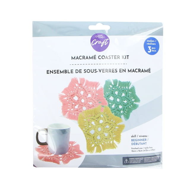 UNIQUE CREATIV CRAFT Macramé Coaster Kit includes three star-shaped coasters in pink, green, and yellow, each about 12 cm square, designed for beginners aged 8 and up, shown on white packaging with a mug on a pink coaster, ideal for dining serveware and adding boho décor style.