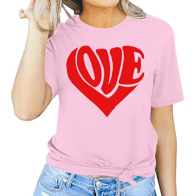 Meichang T-Shirt de la Saint-Valentin pour Femmes Mignons Cœurs Graphiques Hauts Mignons T-Shirts de Vacances Manches Courtes Col Rond Mode 2025