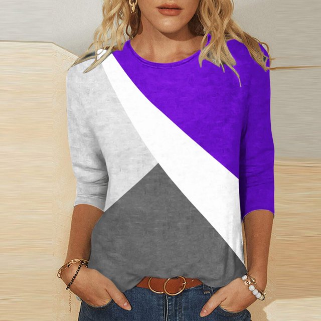 TIMIFIS Hauts pour Femmes Mi-Long Printemps Automne Imprimés Manches 3/4 Hauts Mode Grande Taille Col Ras du Cou T-Shirts Décontractés Blouses Chemises à Manches Longues pour Femmes Automne