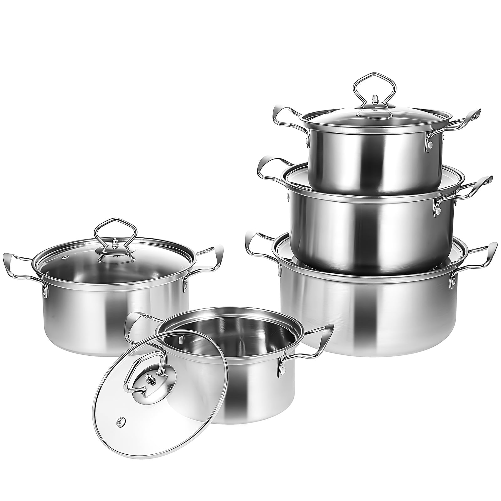 Refurbished Sewacc 17852543 Cookware Set, 5 Induction-Compatible Stainless Steel Pots with Lids, Silver, Durable Cooking Utensils 17852543