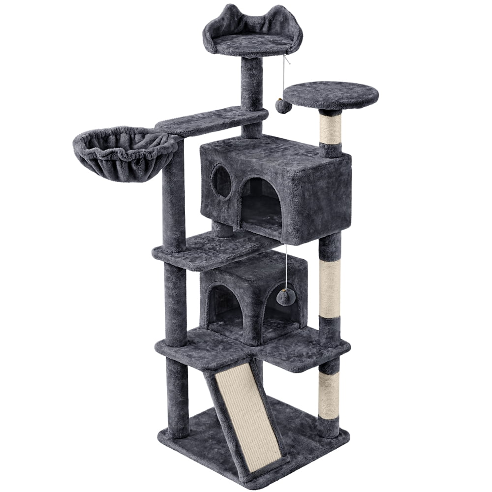 Yaheetech 57.5''H Cat Tree Tower w/ 2 Condos & Round Platforms & Ladder for Small Cats, Dark Gray
