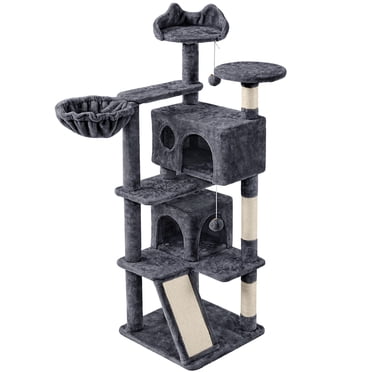 Yaheetech 57.5''H Cat Tree Tower w/ 2 Condos & Round Platforms & Ladder for Small Cats, Dark Gray