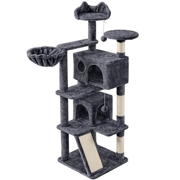 Yaheetech 57.5''H Cat Tree Tower w/ 2 Condos & Round Platforms & Ladder for Small Cats, Dark Gray
