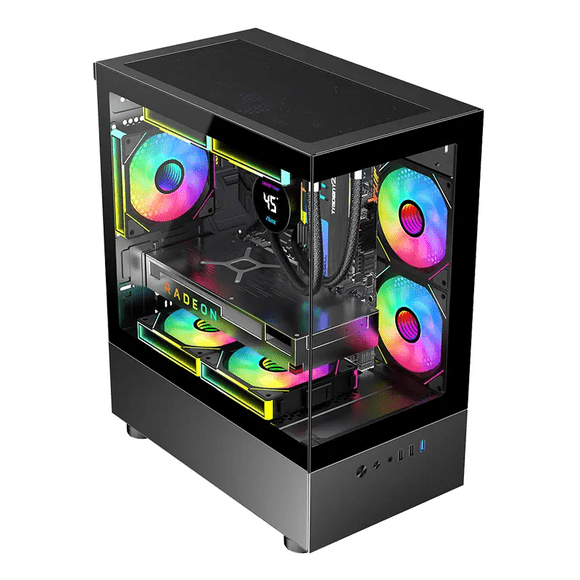 Computer case with full-view vertical curve design.