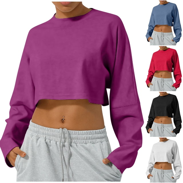 JDQJBZ Summer Womens Tops,Womens Long Sleeve Tops Solid Color Crew Neck Short Length Running Workout Top Spring Summer Casual Tops For Women