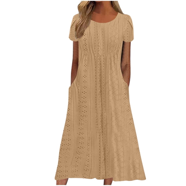 Ovzne Robes Grande Taille pour Femmes aux Formes Robe pour Femme Robe d'Été Aguichant pour Femmes Mode Couleur Unie Poche à Volants Manches Courtes Robe à Col Rond Robe Maxi Grande Taille Manches Courtes Liquidation