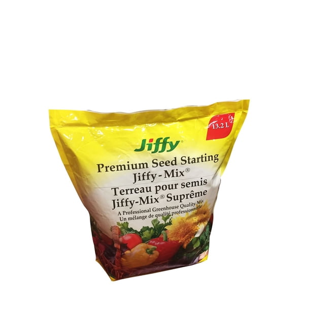 Premium Sac de Mélange Jiffy pour Démarrage de Semis avec Emballage Jaune et Blanc Présentant des Légumes et des Fleurs, Contenant 13,2 L de Mélange Sans Terre Sans Herbes avec Tourbe et vermiculite, Convient au Démarrage de Semis Intérieur et à l'Utilisation en Serre.