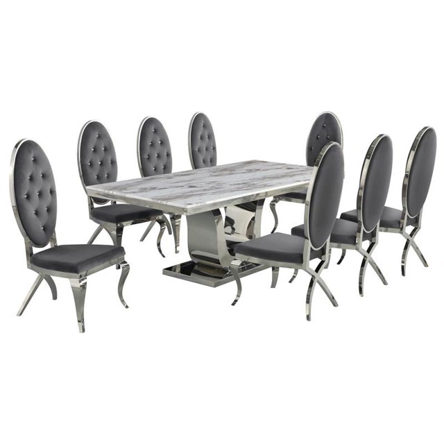 Ensemble de Salle à Manger de 9 Pièces en Acier Inoxydable Argenté avec Table en Marbre et Chaises Grises