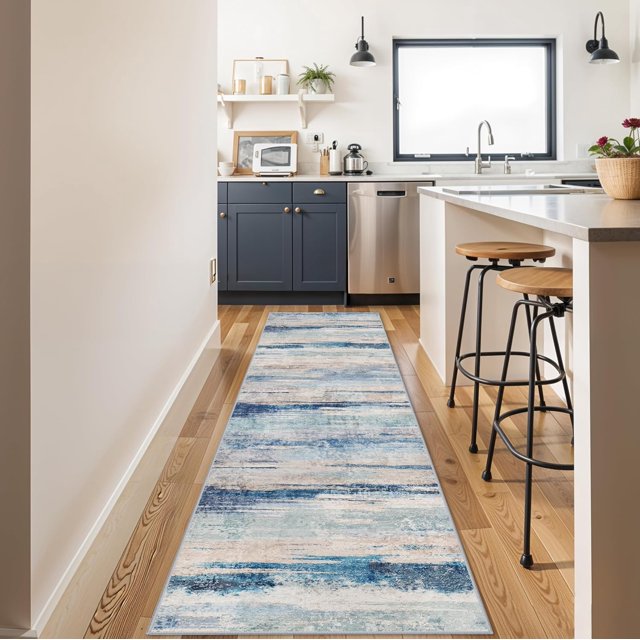 Abstract 3x10 Kitchen Runner Rug - Indoor Washable Non Slip Rugs for Hallway Bedroom Low Pile Living Room Office Long Carpet Soft Modern Home Decor Floor Mat for Bathroom Laundry 3x10 Blue