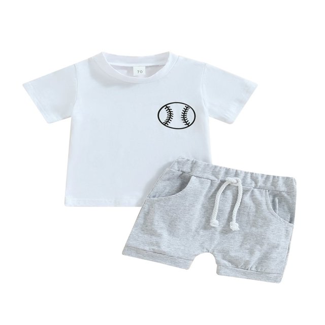 2Pcs Infant Baby Boy Summer Clothes Sets Outfits Short Sleeve Baseball Print Tops + Shorts Set