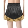 thumbnail image 2 of Xnihocha Unisex Kids Satin Boxing Shorts Metallic Color Block Boxer Kickboxing Muay Thai Training Trunks Black&Gold 12, 2 of 5