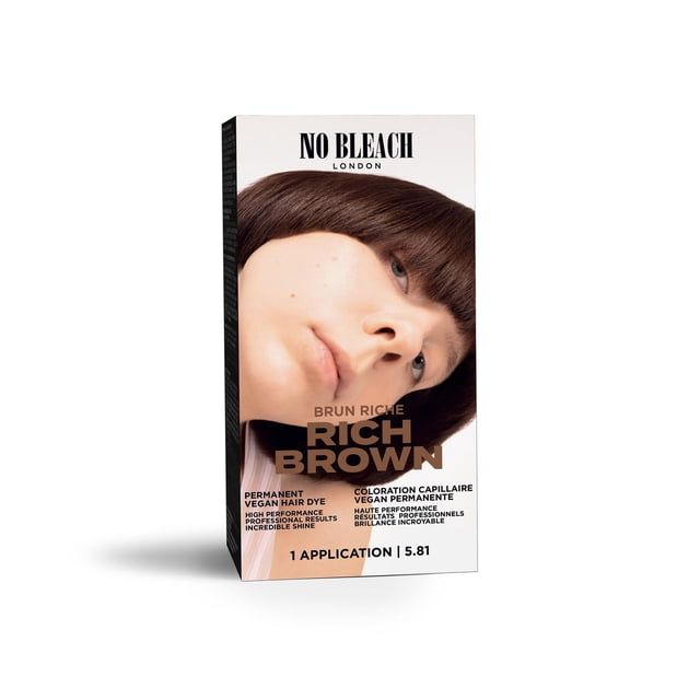 Bleach London Rich Brown Permanent Kit box featuring vegan permanent hair dye in shade 5.81 for one application, delivering rich brown colour with high performance and professional results without bleach.