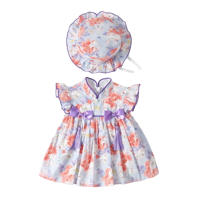 WEAIXIMIUNG Girls Dresses Size 6/7 Summer Girl Romper Ruffle Fly Sleeve Cute Rabbit Print Baby Dress with Baby Cap