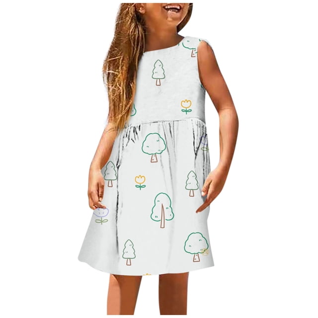 PMVFHDE Robe Décontractée pour Filles Mode Mignonne Printemps et Été Imprimée Col Rond Sans Manches Robe Décontractée (5), Argent, 3-4
