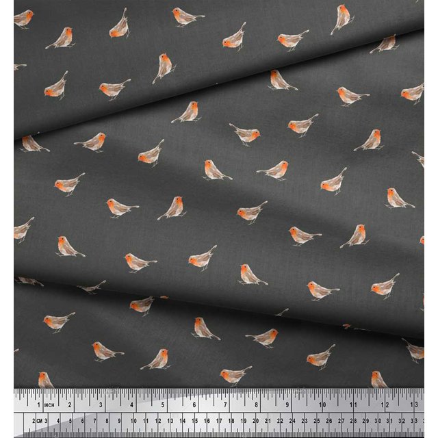Soimoi Gray Velvet Fabric American Robin Bird Printed Fabric 1 Yard 58 Inch Wide