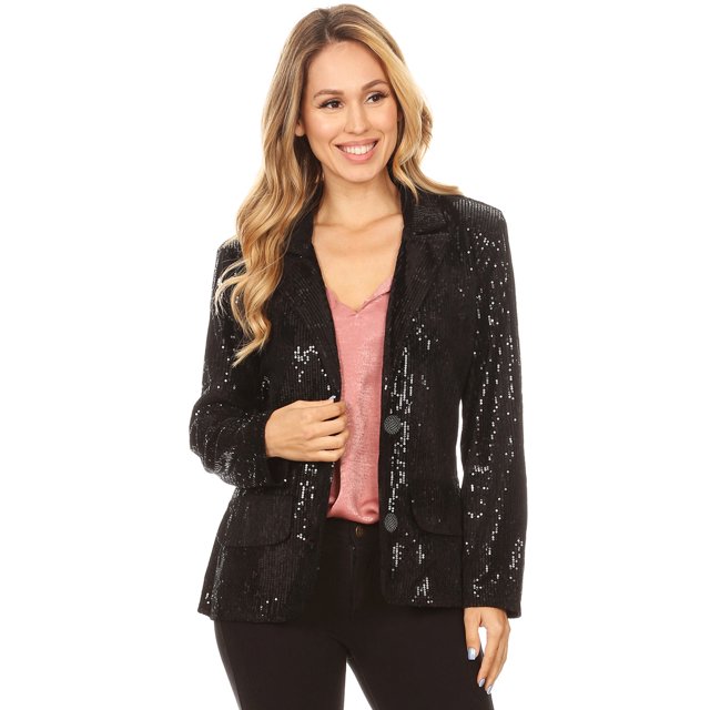 Women's Evening Sparkle Sequins Open Front Long Sleeve Blazer Jacket