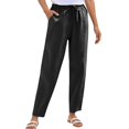thumbnail image 1 of Women's Cargo Pants Linen Straight Leg Pants Elastic Drawstring With Pockets Summer Beach Pants High Waisted Pants Black XL, 1 of 3