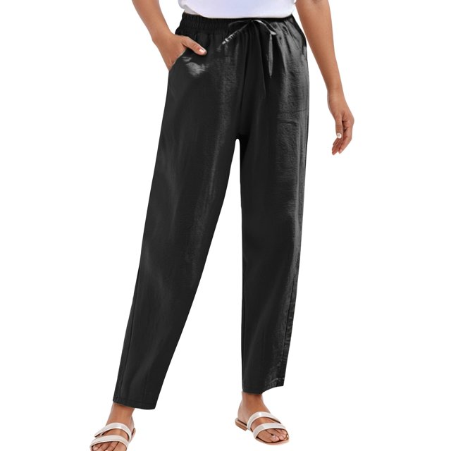 Women's Cargo Pants Linen Straight Leg Pants Elastic Drawstring With Pockets Summer Beach Pants High Waisted Pants Black XL