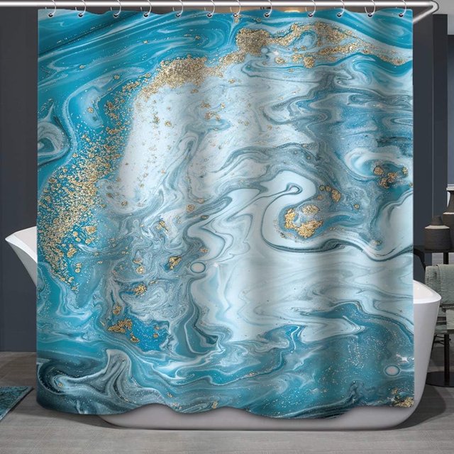 Abstract Marble Luxury Ocean Art Ripples Beautiful Blue Paint and Gold Powder Polyester Designer Cloth Print Decorative Bathroom Curtains Add Sophistication to Your Space Includes Hooks (72"x72)