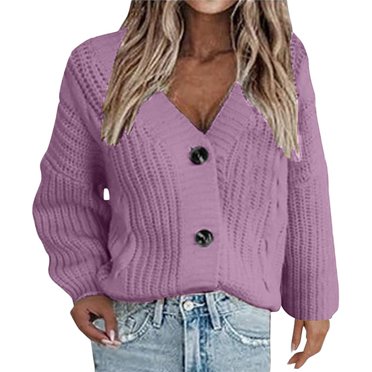 Duoif Cardigan pour Femmes Col en V Manches Longues Cardigan Couleur Unie Bouton Mode Veste avec Poches Violet m