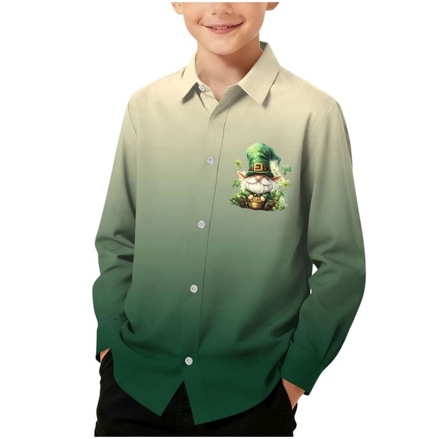 RXMEKW Chemise à Manches Longues Imprimée de la Saint-Patrick pour Garçons avec Col Rabattu, 95 % Coton 5 % Élasthanne, Vert