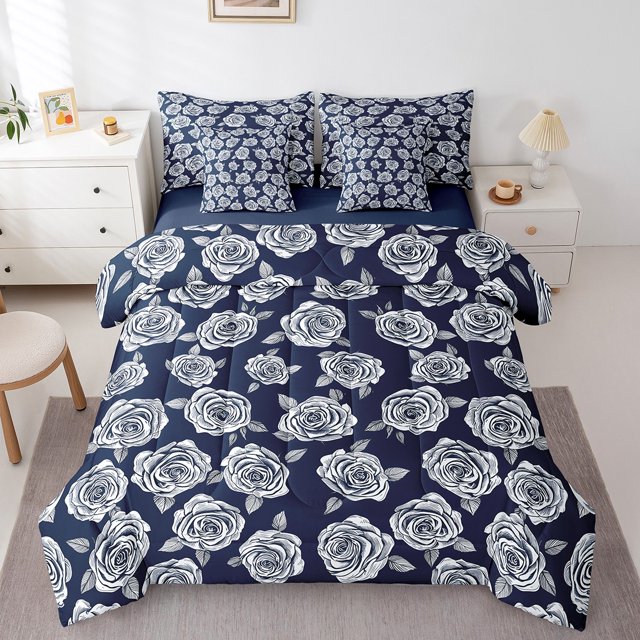 White Roses Bedding Set Queen Size, Flower Botanical Soft Comforter Set, Florals Blossom Plant Kids Girls (Comforter+Fitted+Flat Sheet+2 Pillowcases+2 Throw Pillow Covers) 7 Pieces Bed Set