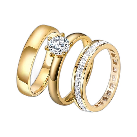 LINXIQIN Women White Cubic Zirconia 14K Gold Plated Circle Solitaire Engagement and Wedding Ring Set for Wedding 3 Pieces Size 9 Includes Gift Box