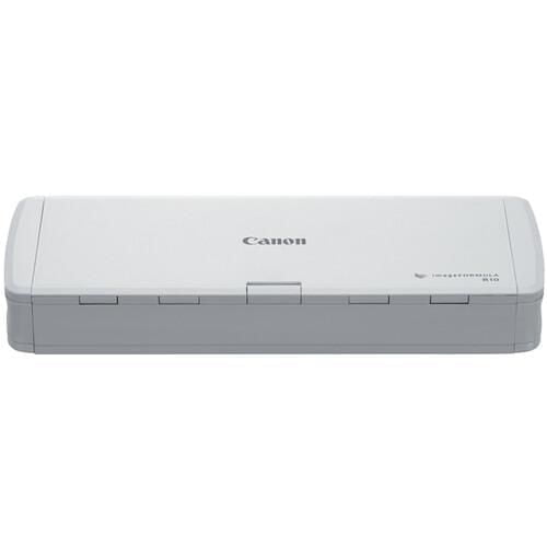Canon ImageFORMULA R10 personal document scanner with a compact rectangular design, white top, and light gray base, featuring the Canon logo and ImageFORMULA R10 label. It connects via USB to Windows or Mac, scans double-sided documents at up to 12 pages per minute, and includes built-in software for creating searchable digital files and editing scans.