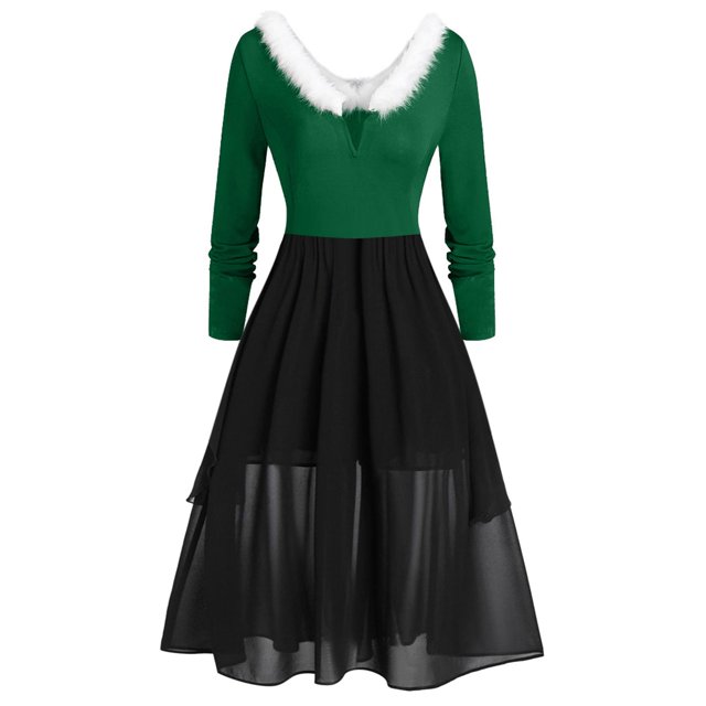 TJAZFJPA Robes Épaules Dénudées pour Femmes, Robe de Noël Patchwork Col en V, Manches Longues, Asymétrique, Robe de Saint-Valentin, Robes d'Invité de Mariage pour Femmes